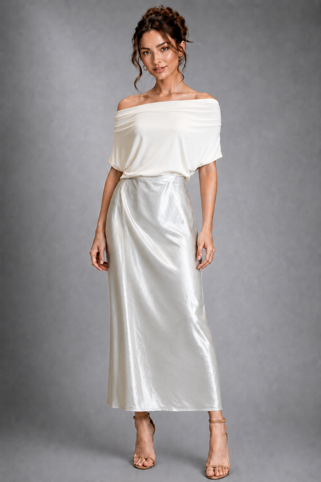 Off-Shoulder Draped Top and Silver Metallic Satin Maxi Skirt Set