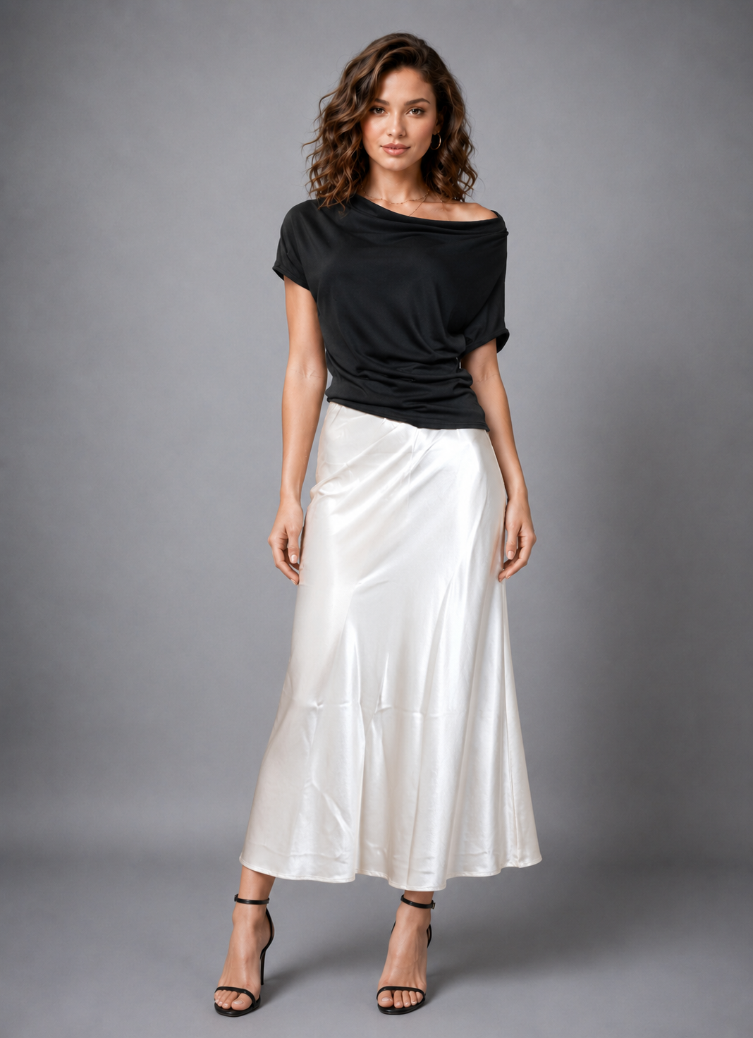 Black Off-Shoulder Draped Top and Cream Satin Maxi Skirt Set