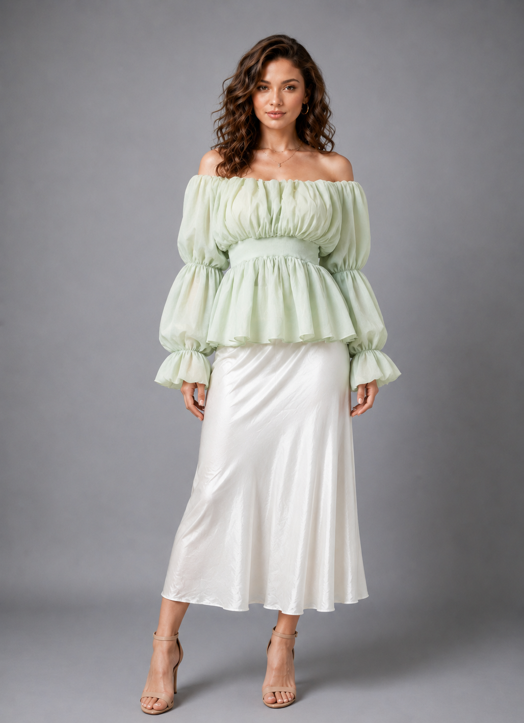 Mint Green Off-Shoulder Balloon Sleeve Peplum Blouse and Cream Satin Skirt Set