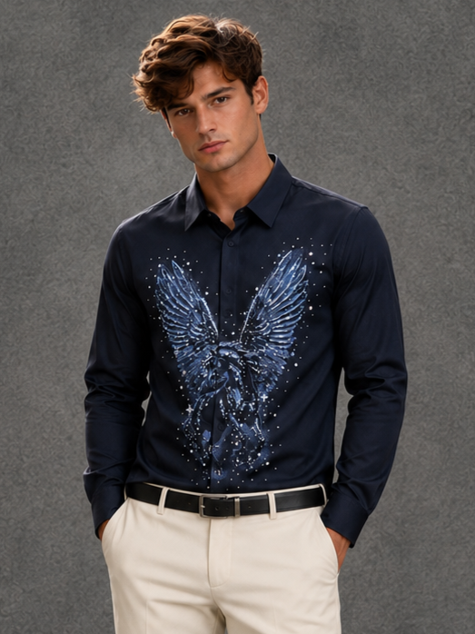 Men's Starlight Crystal Wing Motif Party Shirt - Navy Blue