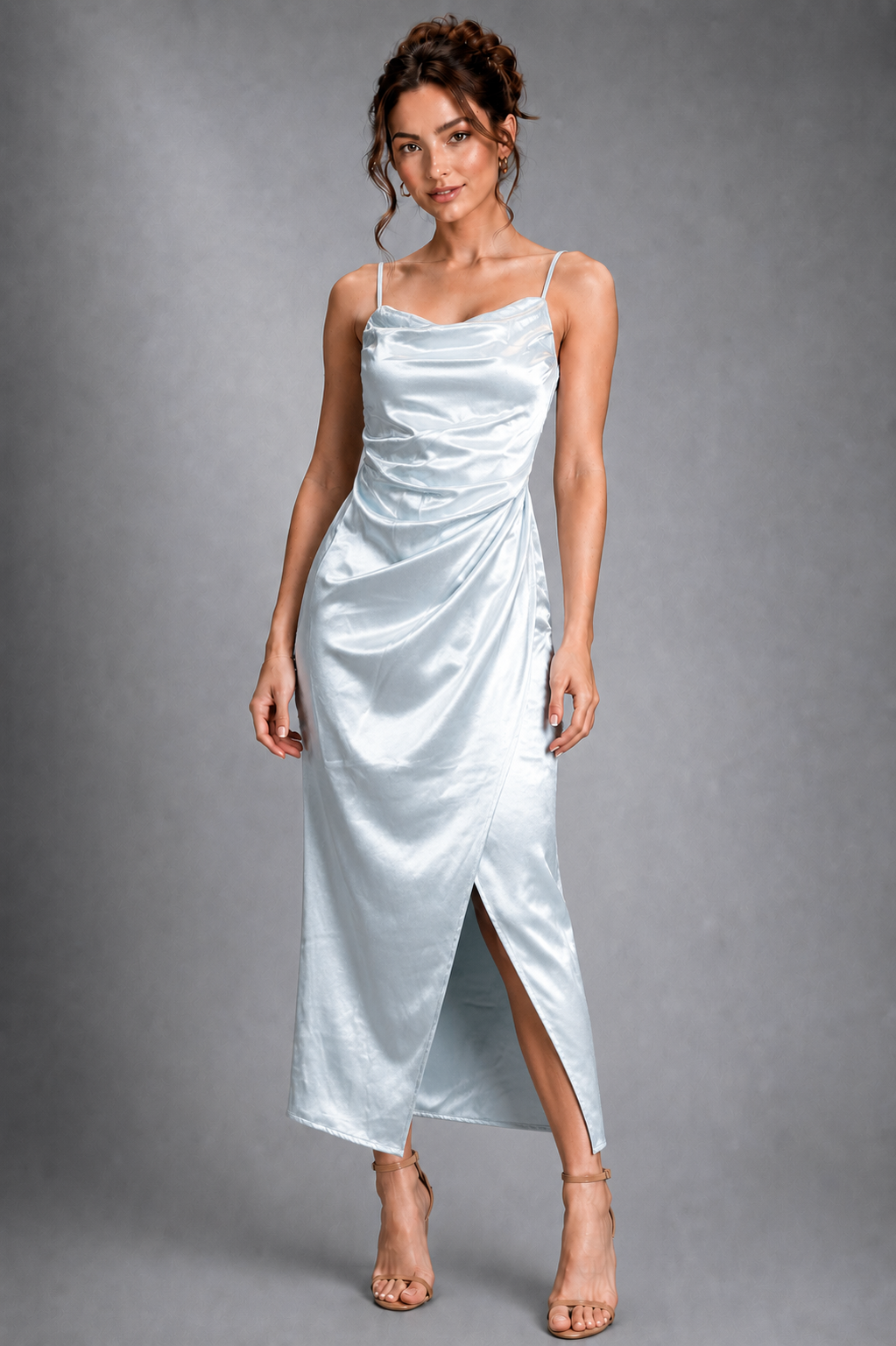 Light Blue Satin Cowl Neck Ruched Wrap Midi Dress with Front Slit