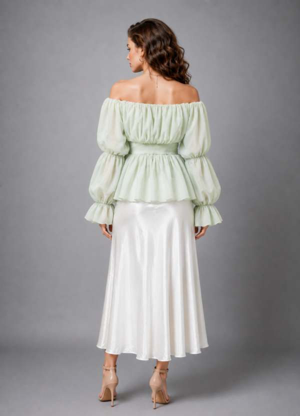 Mint Green Off-Shoulder Balloon Sleeve Peplum Blouse and Cream Satin Skirt Set