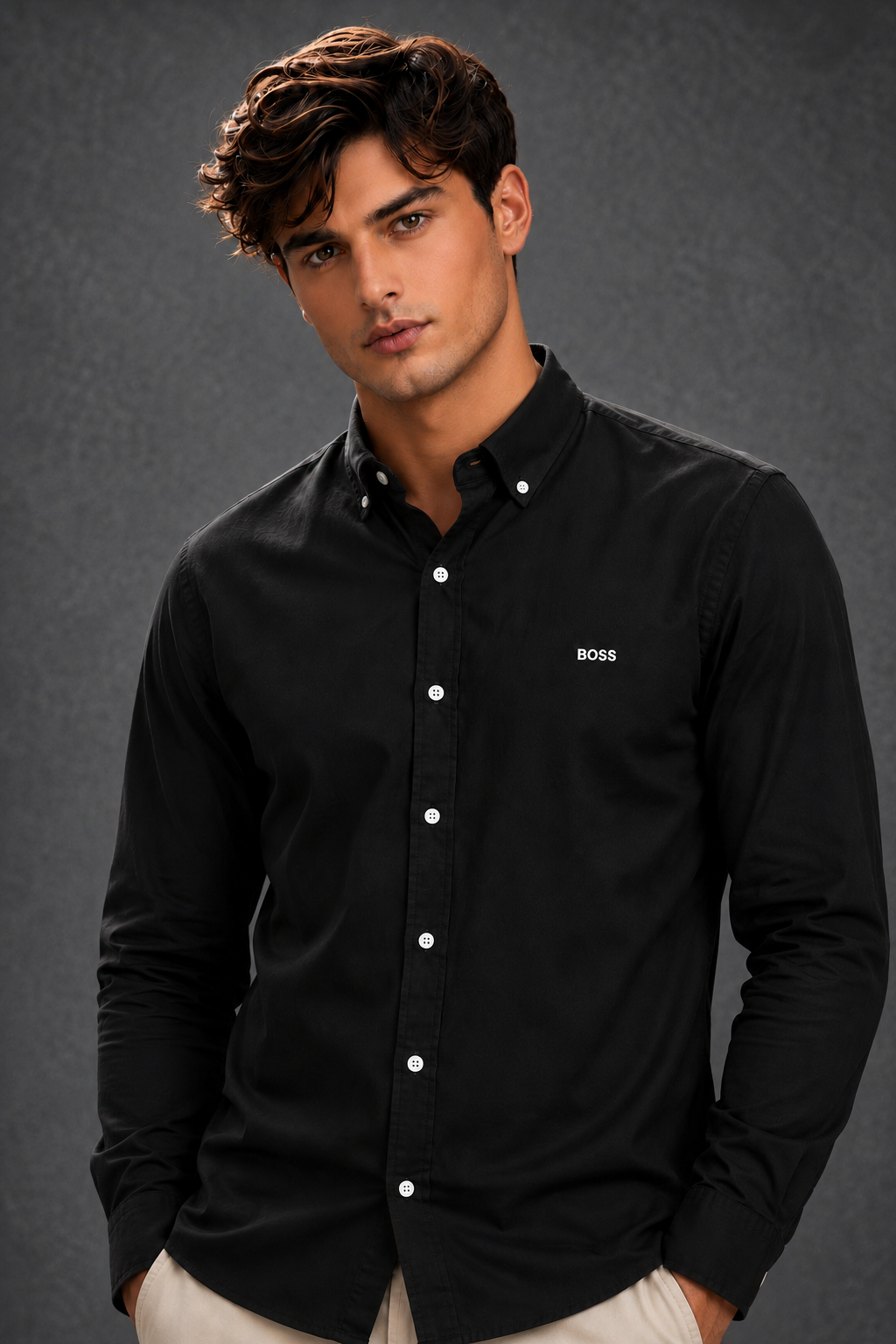 BOSS Men's Slim-Fit Black Oxford Cotton Shirt