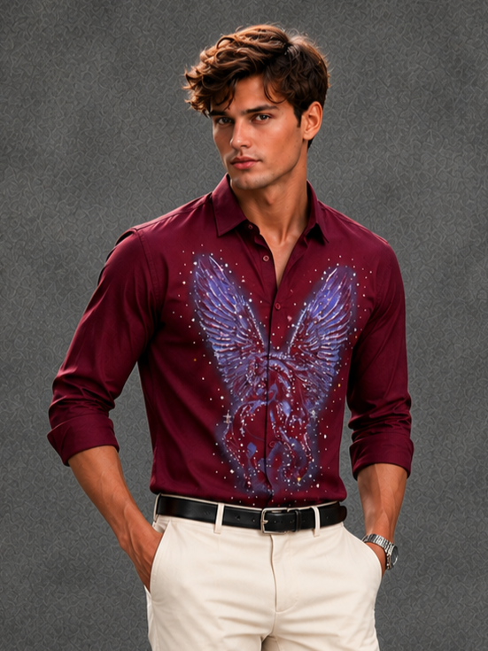 Men's Starlight Crystal Wing Motif Party Shirt - Wine Burgundy