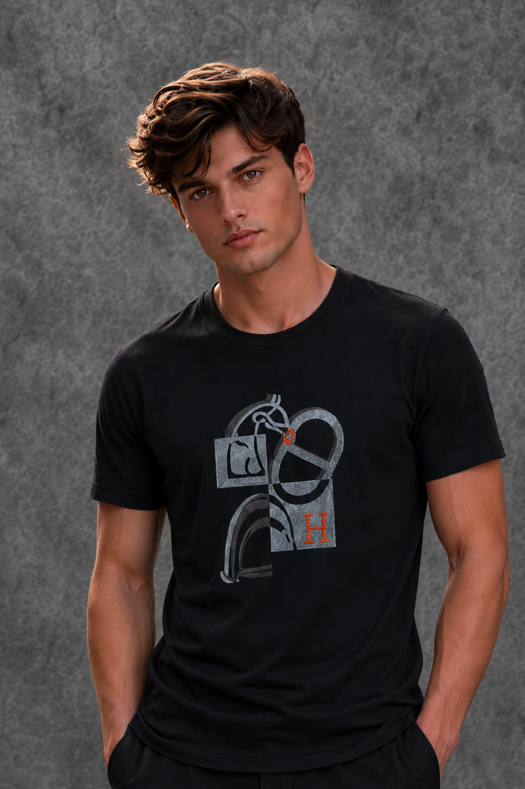 Hermès Men's Logo Half Sleeve Black T-Shirt