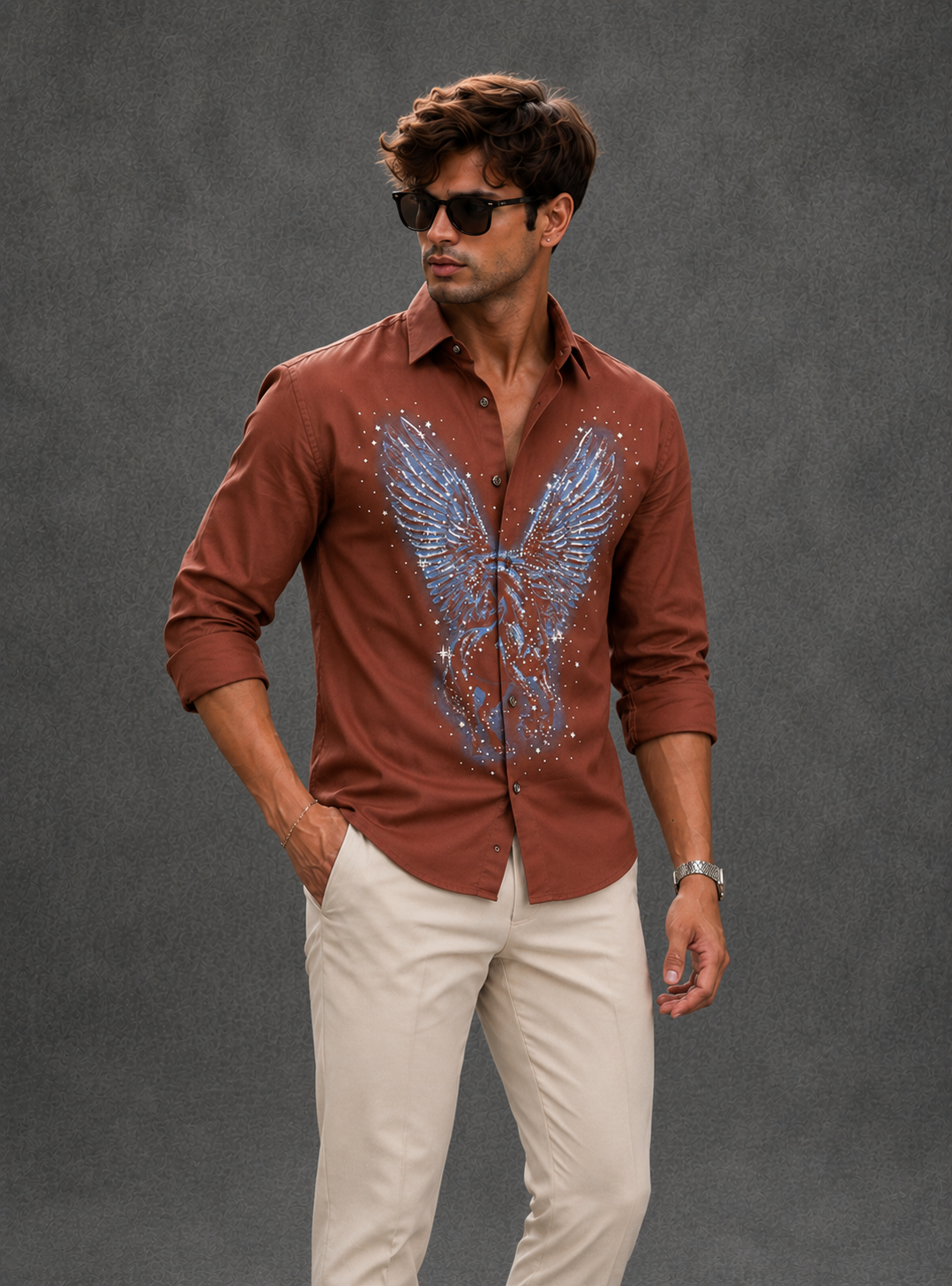 Men's Starlight Crystal Wing Motif Party Shirt - Rust Brown