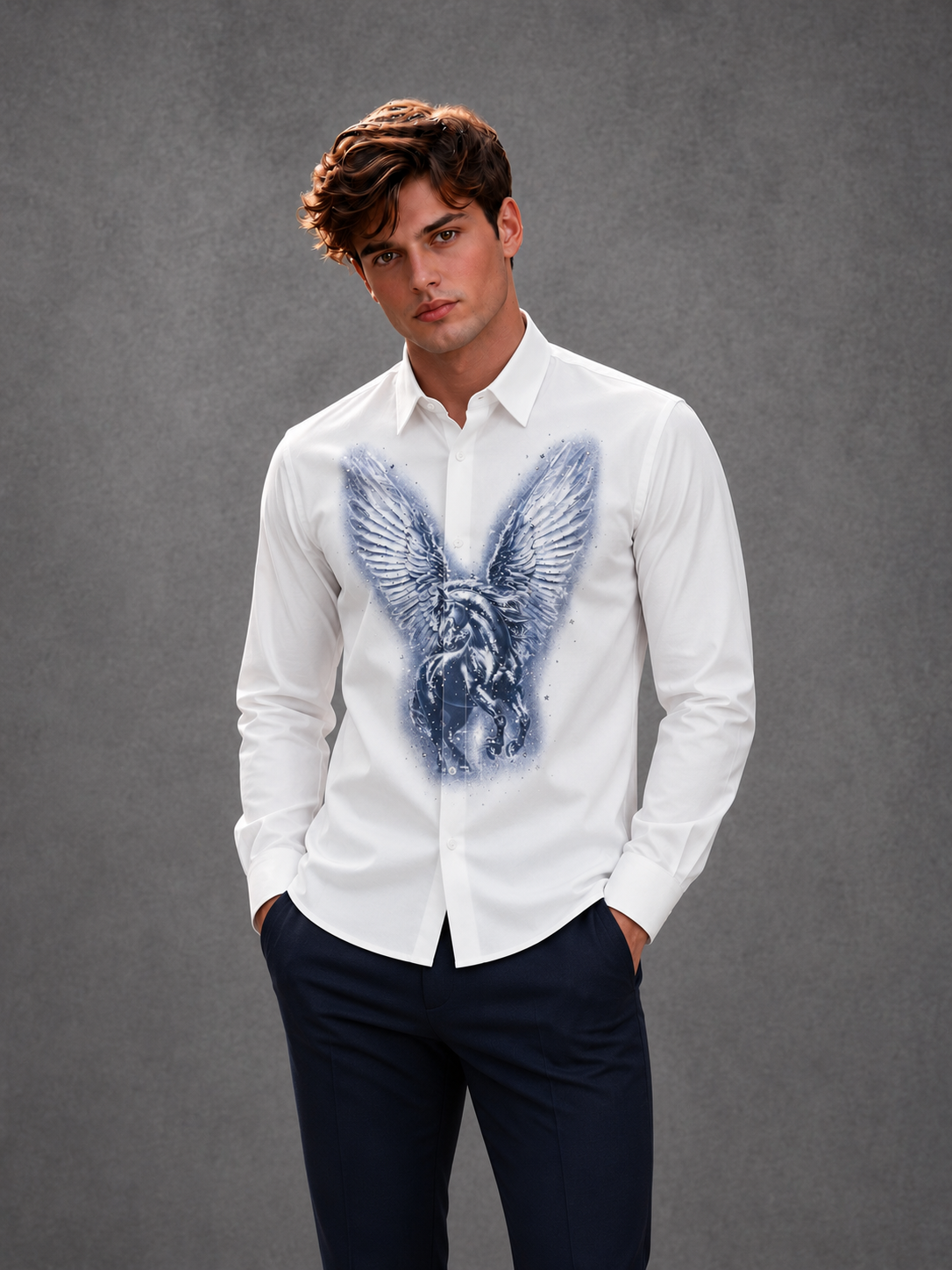 Men's Starlight Crystal Wing Motif Party Shirt - Pristine White