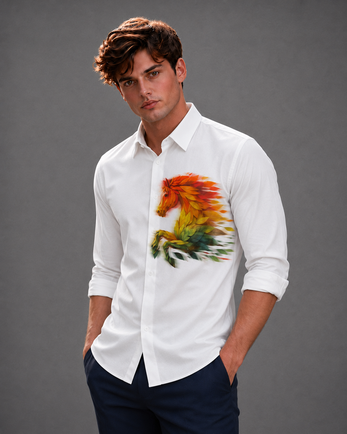 Men's Fiery Stallion Motif Party Shirt - Pristine White