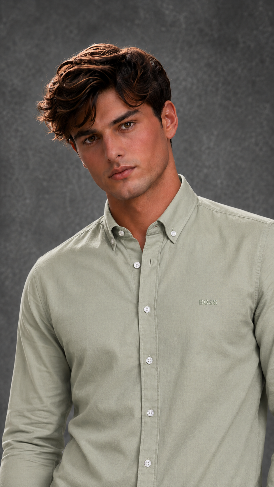 BOSS Men's Slim-Fit Sage Green Oxford Cotton Shirt