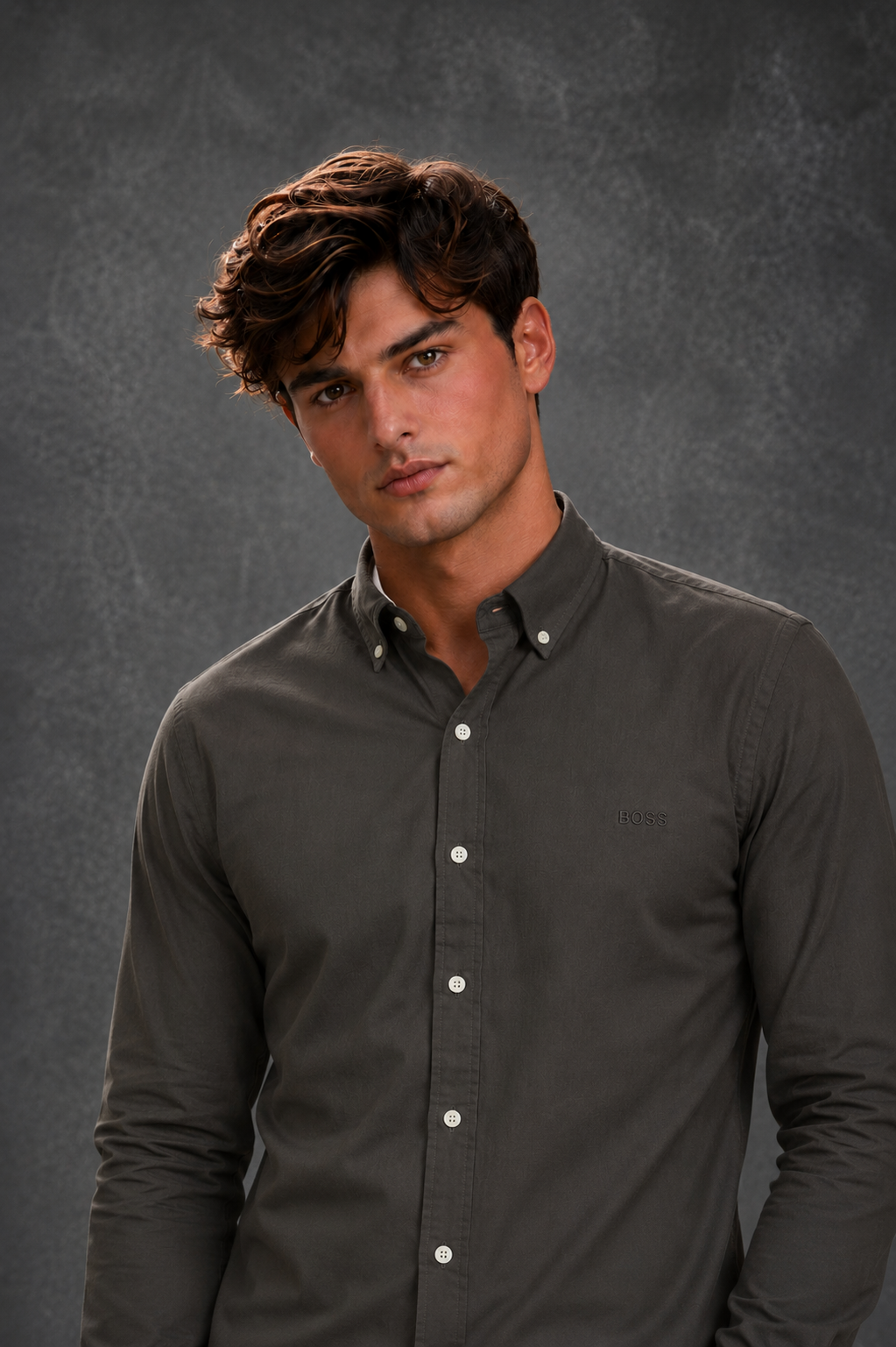 BOSS Men's Slim-Fit Dark Olive Green Oxford Cotton Shirt