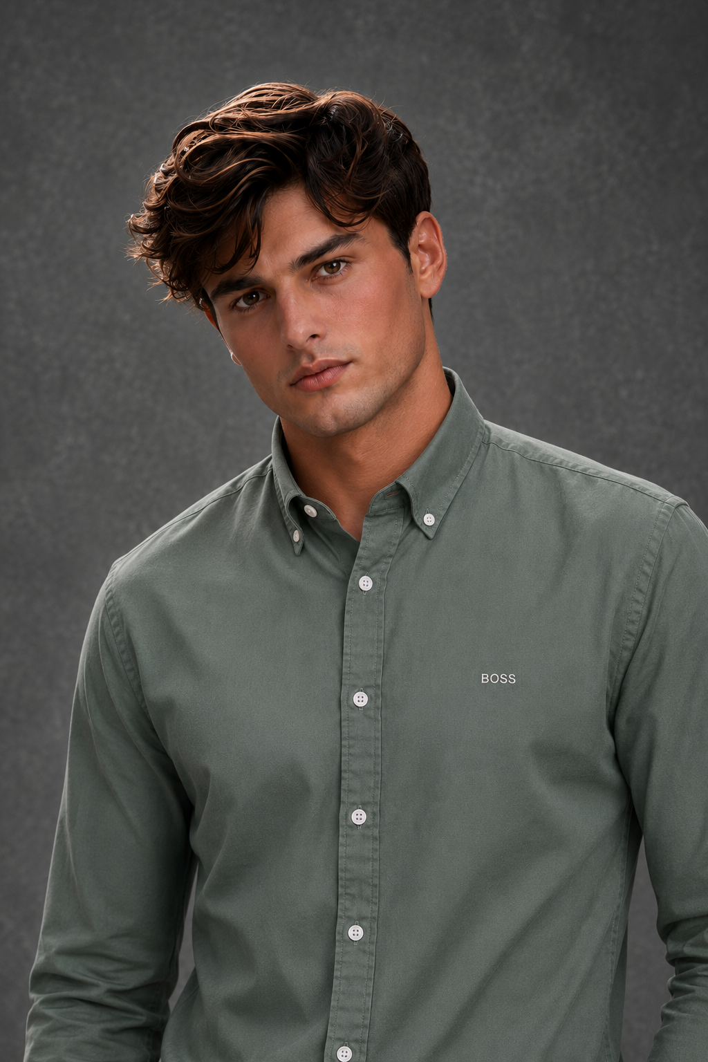 BOSS Men's Slim-Fit Sage Green Oxford Cotton Shirt