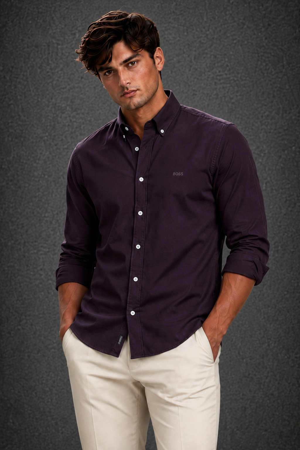 BOSS Men's Slim-Fit Burgundy Oxford Cotton Spread Collar Shirt