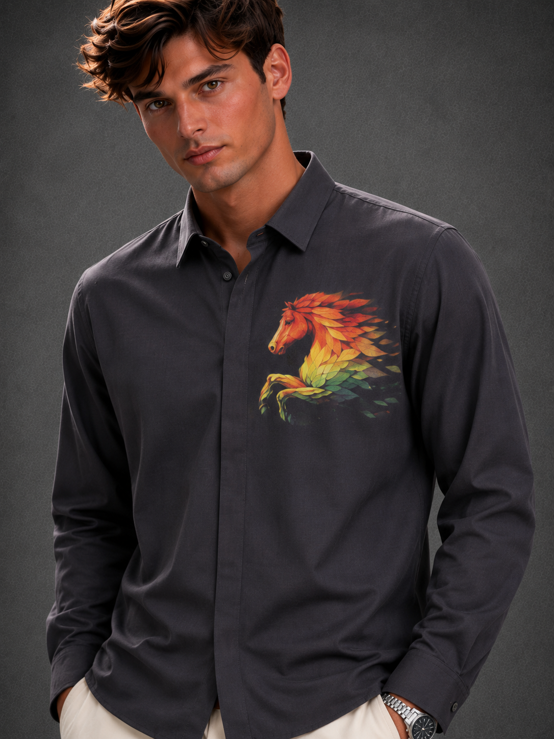 Men's Fiery Stallion Motif Party Shirt - Midnight Black