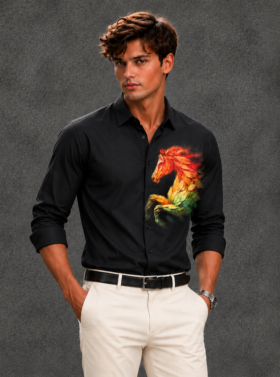 Men's Fiery Stallion Motif Party Shirt - Midnight Black