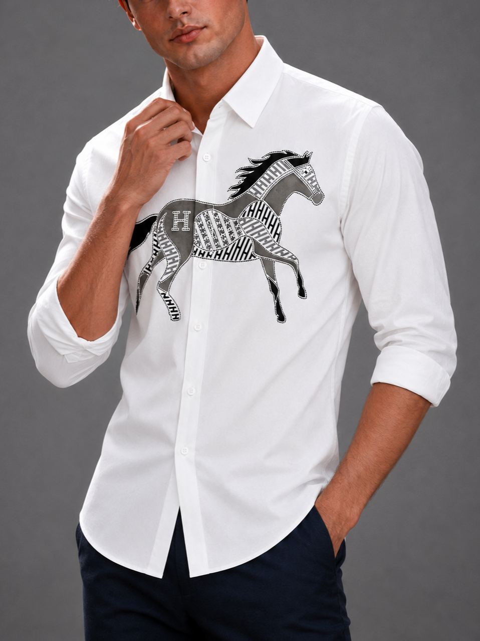 Men's Geometric Stallion Motif Party Shirt - Pristine White