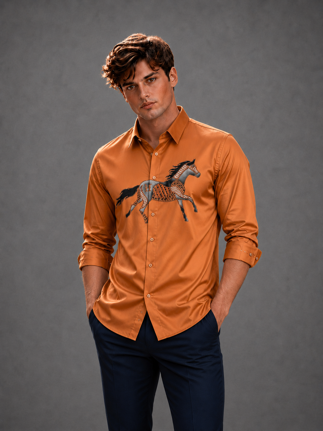 Men's Linear Equestrian Motif Party Shirt - Rust Orange