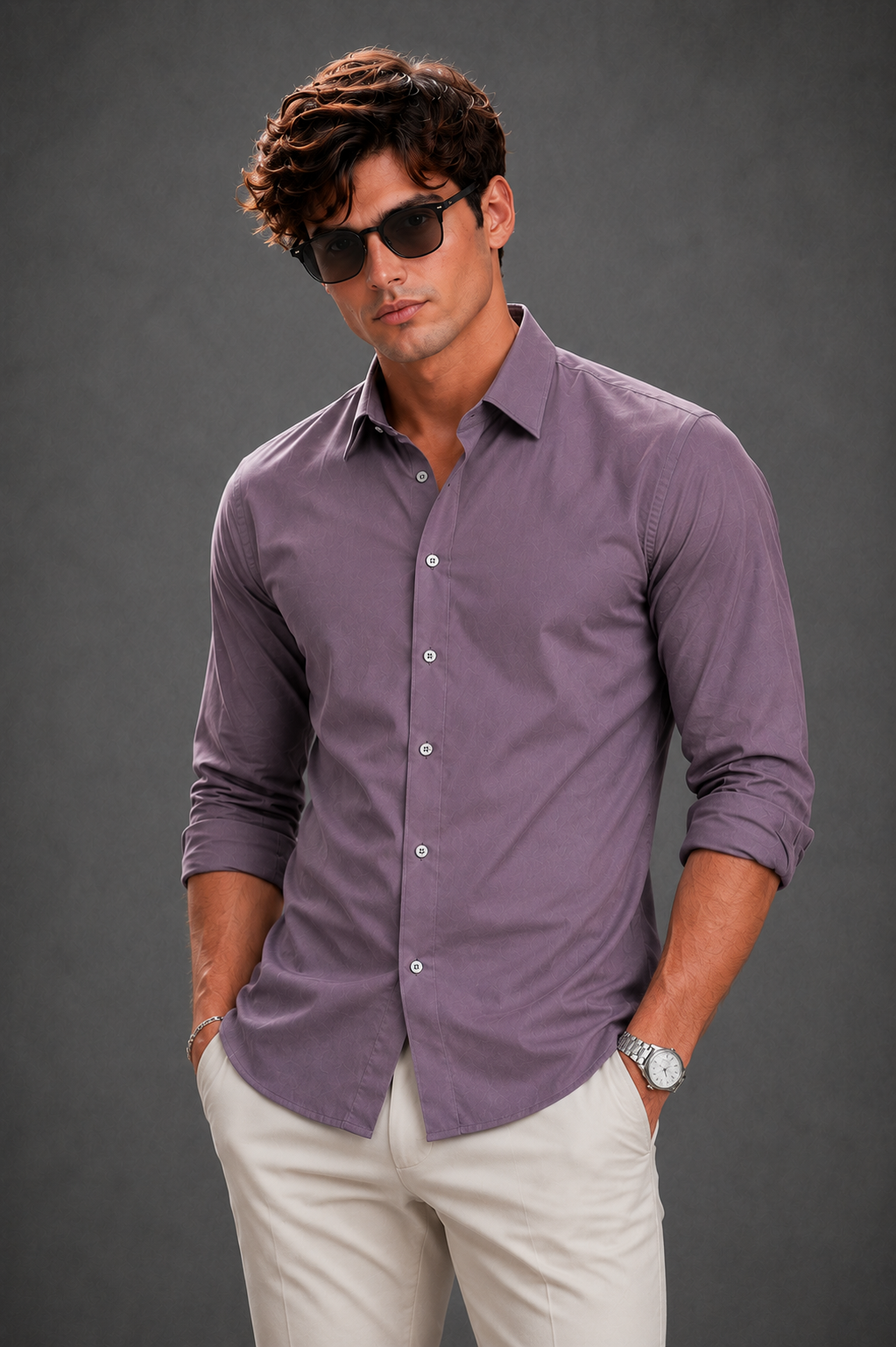 Lusso Milano Men's Regular-Fit Mauve Long-Sleeve Lavender Shirt