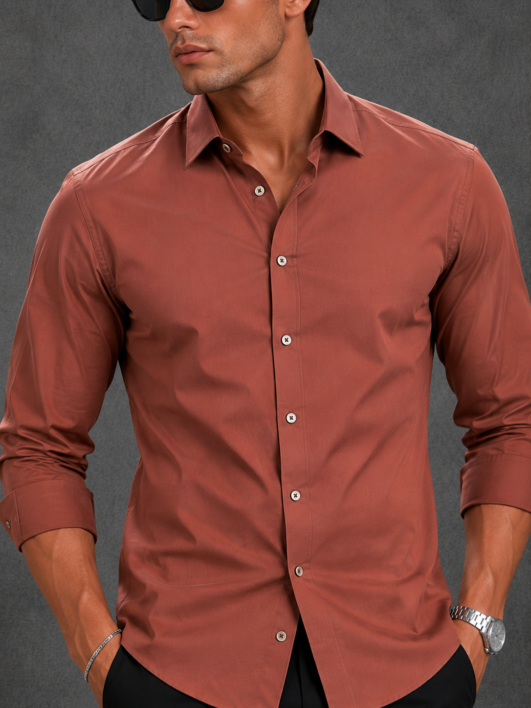 Lusso Milano Men's Regular-Fit Terracotta Long-Sleeve Rust Brown Shirt