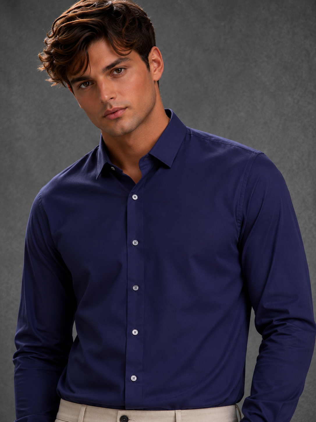 Lusso Milano Men's Regular-Fit Navy Long-Sleeve Blue Violet Shirt