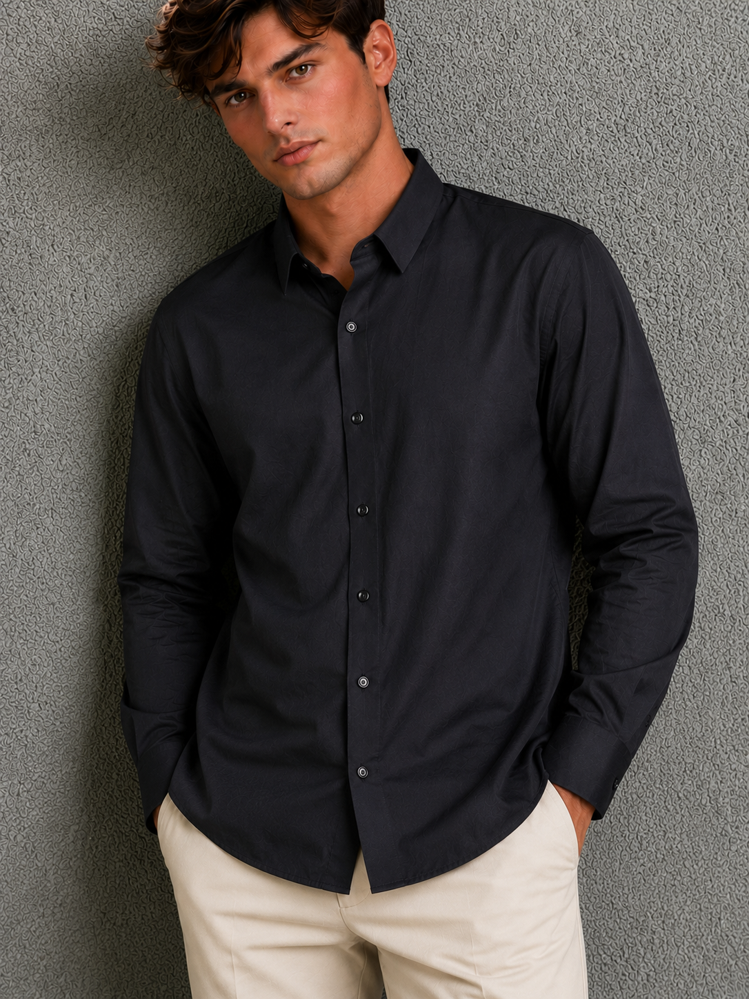 Lusso Milano Men's Regular-Fit Black Long-Sleeve Plain Shirt