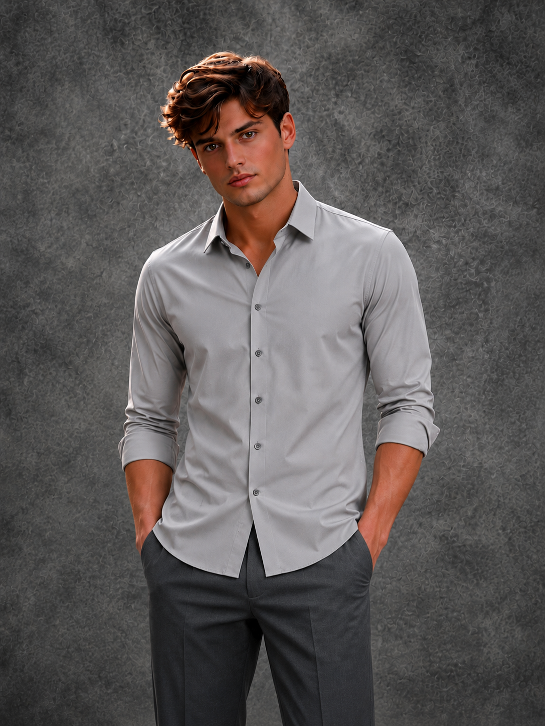 Lusso Milano Men's Regular-Fit Grey Long-Sleeve Plain Shirt