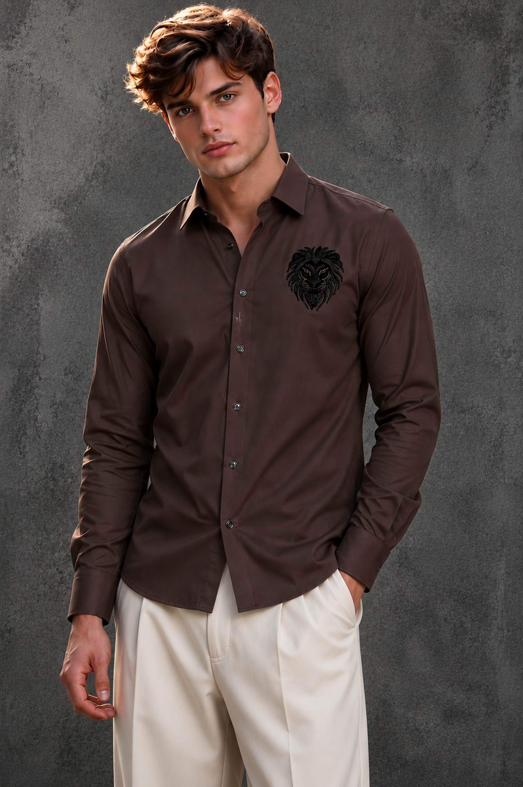 Loro Piana Men’s Coffee Brown Long-Sleeve Shirt with Embroidered Lion Motif