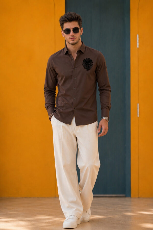 Loro Piana Men’s Coffee Brown Long-Sleeve Shirt with Embroidered Lion Motif