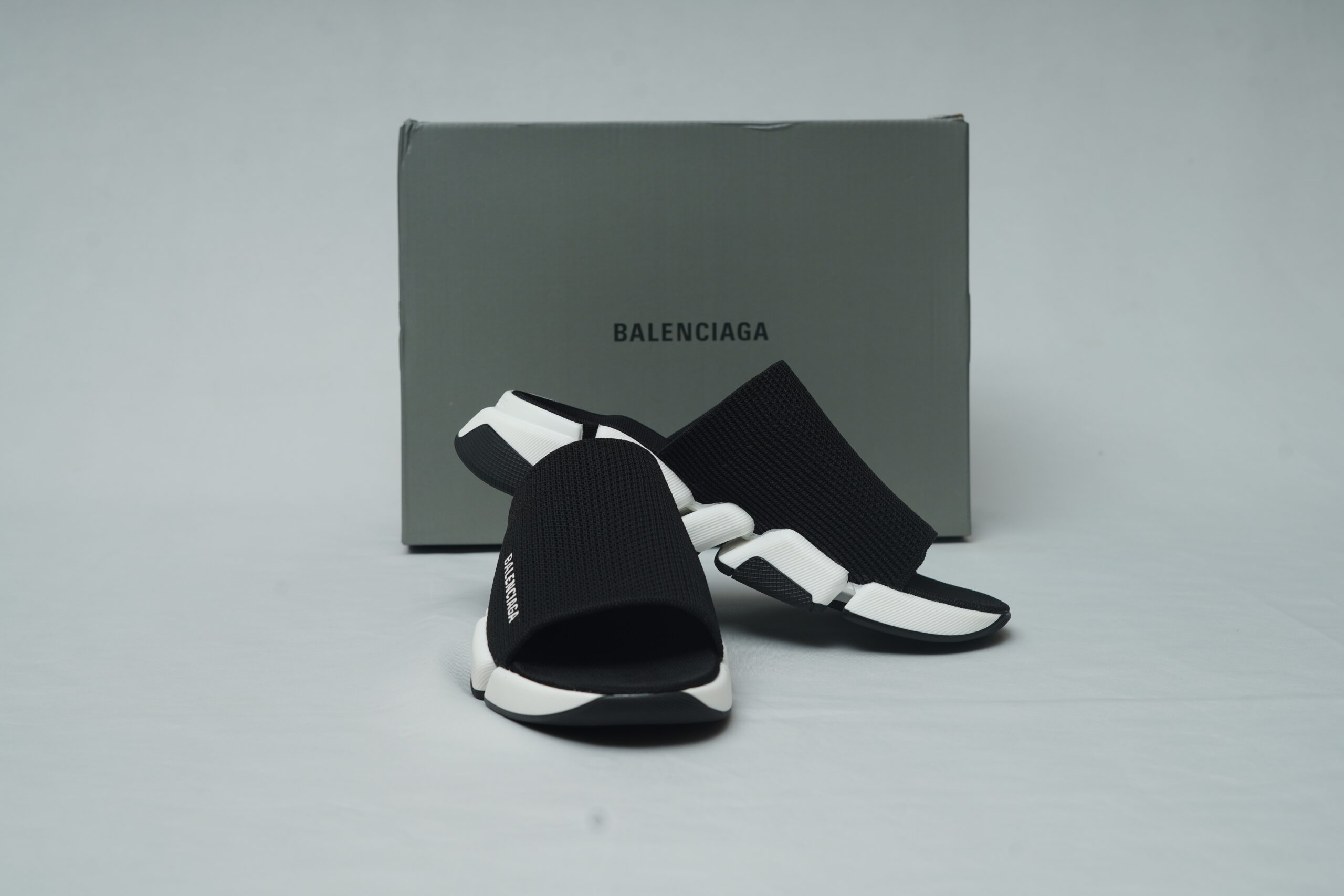 Balenciaga Speed Knit Slides – Black and White Two-Tone Segmented Sole Sandals