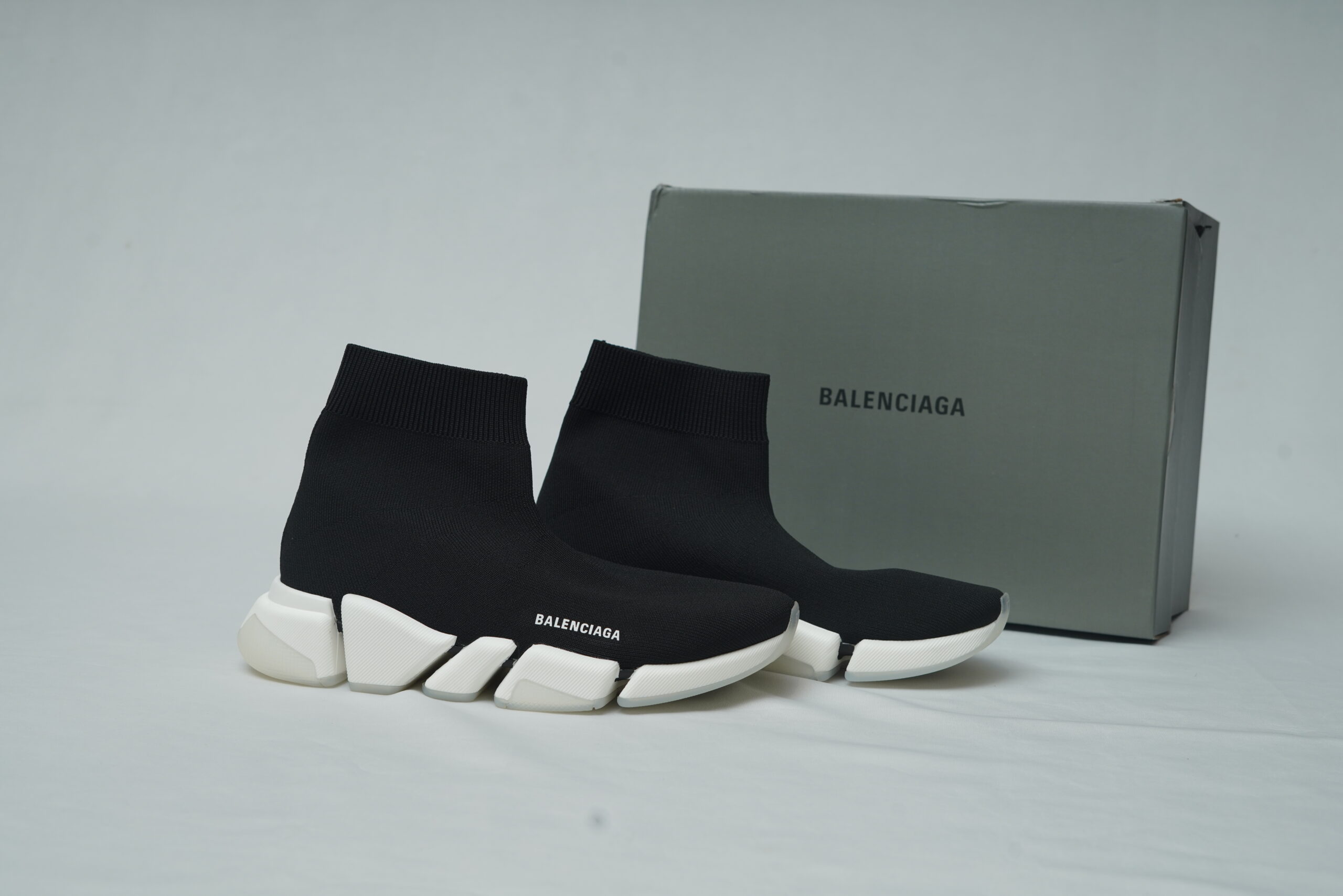 Balenciaga Speed 2.0 Knit Trainer – Black and White Two-Tone Segmented Sole Sock Shoes