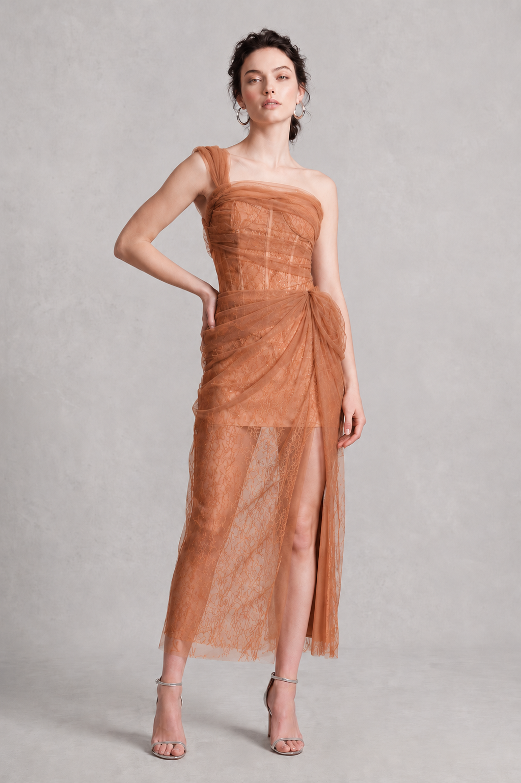 One-Shoulder Mesh Corset Evening Gown – Brown Lace Drape High-Slit Maxi Dress