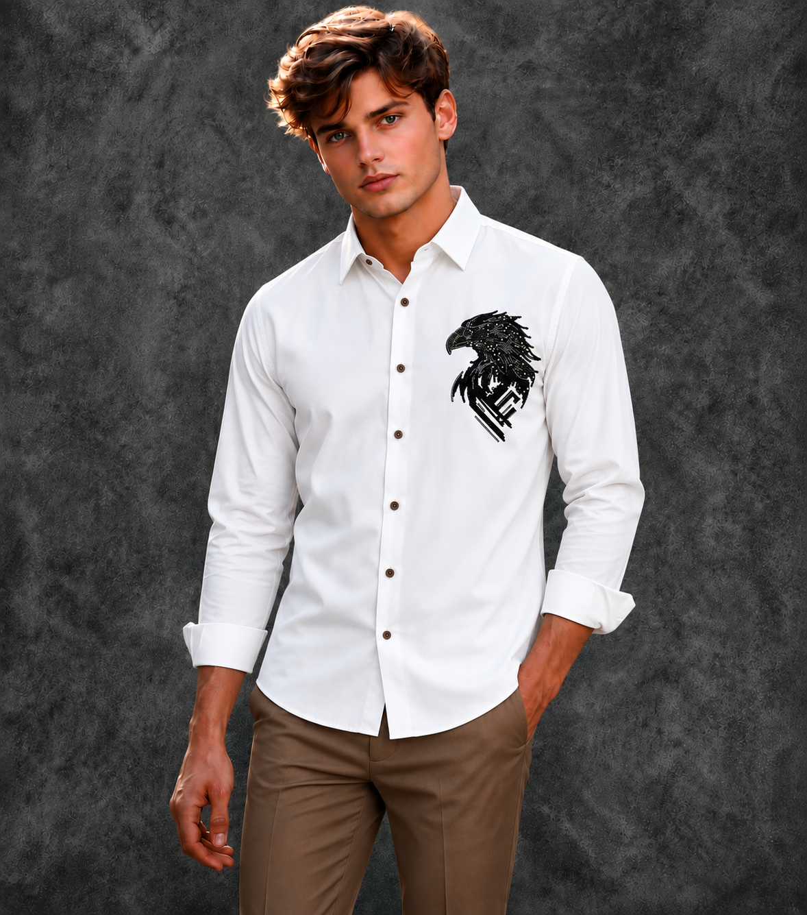 Lusso Milano Men's Regular-Fit White Long-Sleeve Rhinestone Eagle Shirt