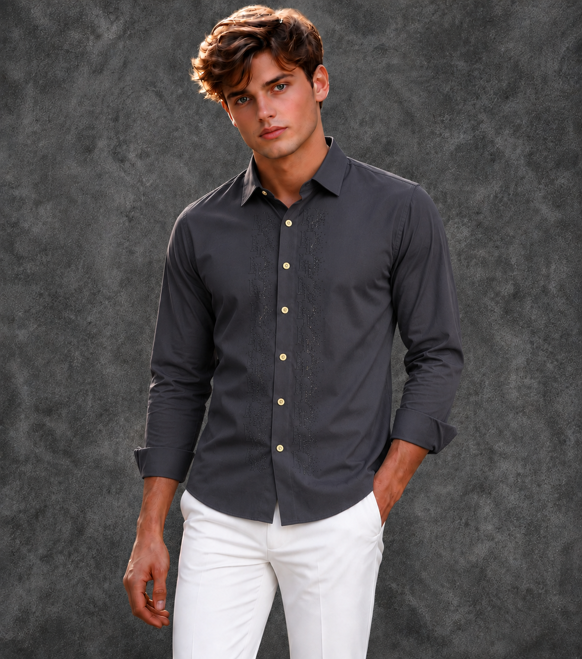 Lusso Milano Men's Regular-Fit Charcoal Grey Long-Sleeve Rhinestone Plain Shirt