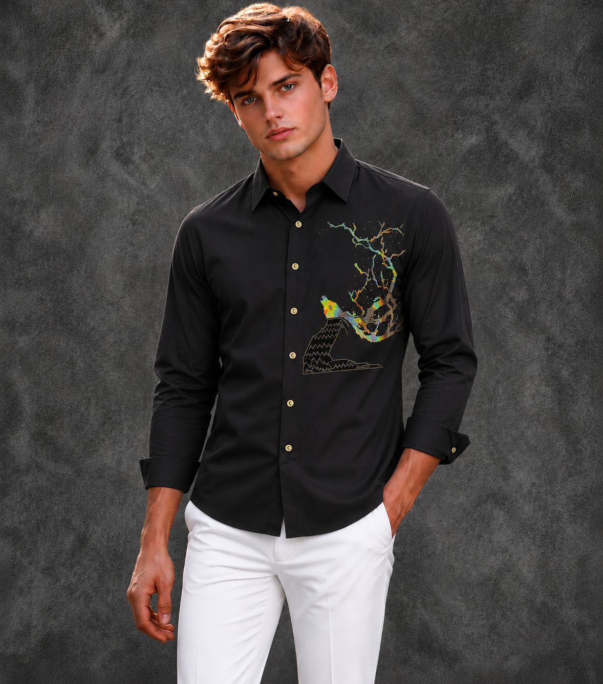 Lusso Milano Men's Regular-Fit Black Long-Sleeve Rhinestone Wolf Shirt