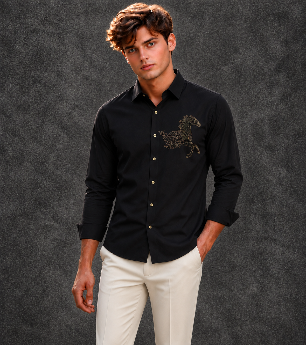 Lusso Milano Men's Regular-Fit Black Long-Sleeve Rhinestone Horse Shirt