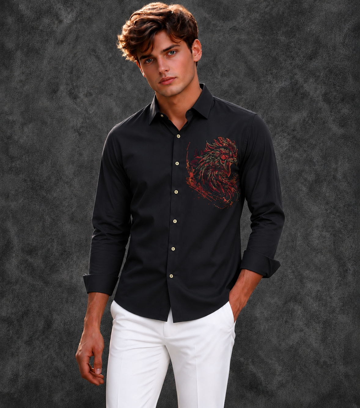 Lusso Milano Men's Regular-Fit Black Long-Sleeve Rhinestone Rooster Shirt