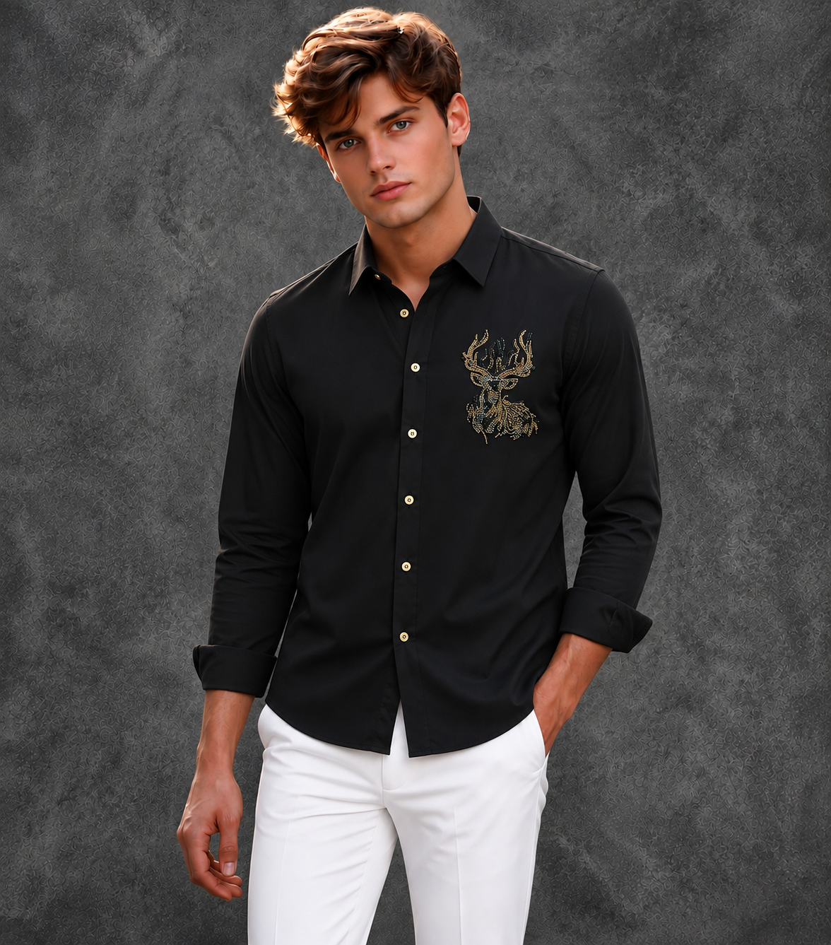 Lusso Milano Men's Regular-Fit Black Long-Sleeve Rhinestone Stag Shirt