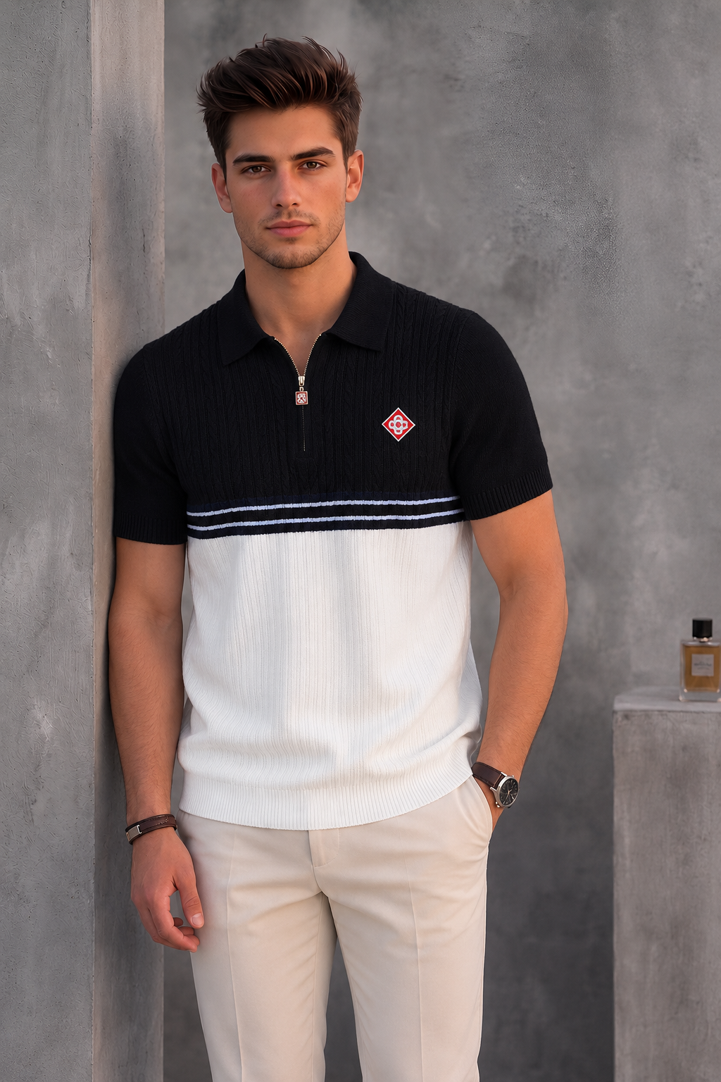 Casablanca Men's Slim-Fit Black and White Color-Block Knit T-Shirt