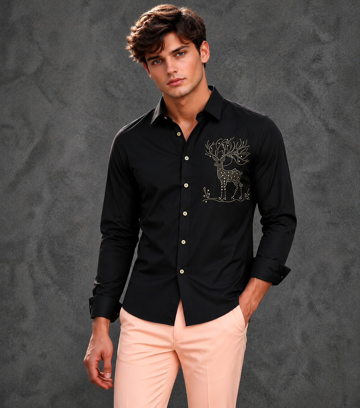 Lusso Milano Men's Regular-Fit Black Long-Sleeve Studded Full-Body Deer Shirt