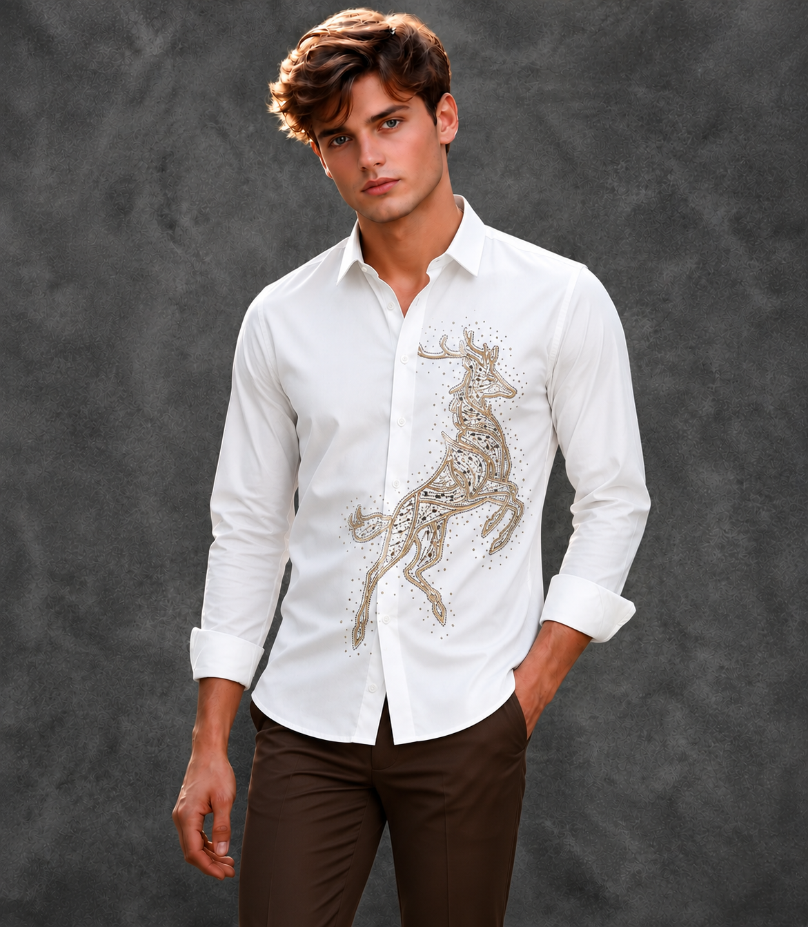 Lusso Milano Men's Regular-Fit White Long-Sleeve Studded Full-Body Deer Shirt
