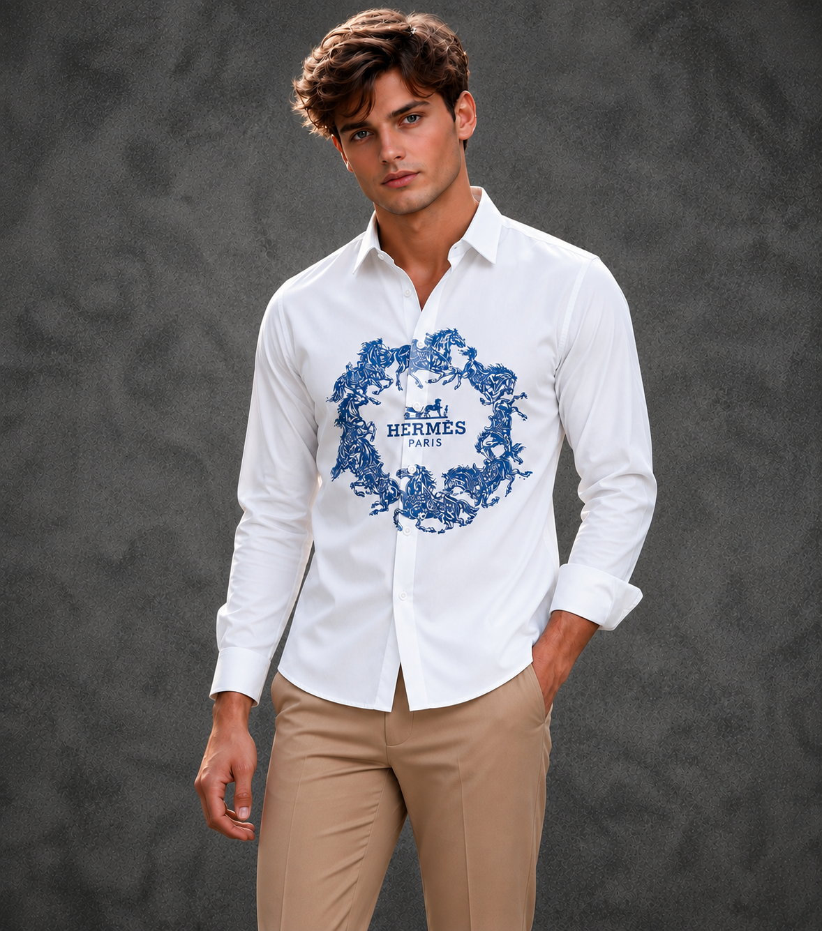 Lusso Milano Men's Regular-Fit White Long-Sleeve Hermès-Inspired Rhinestone Horse Shirt