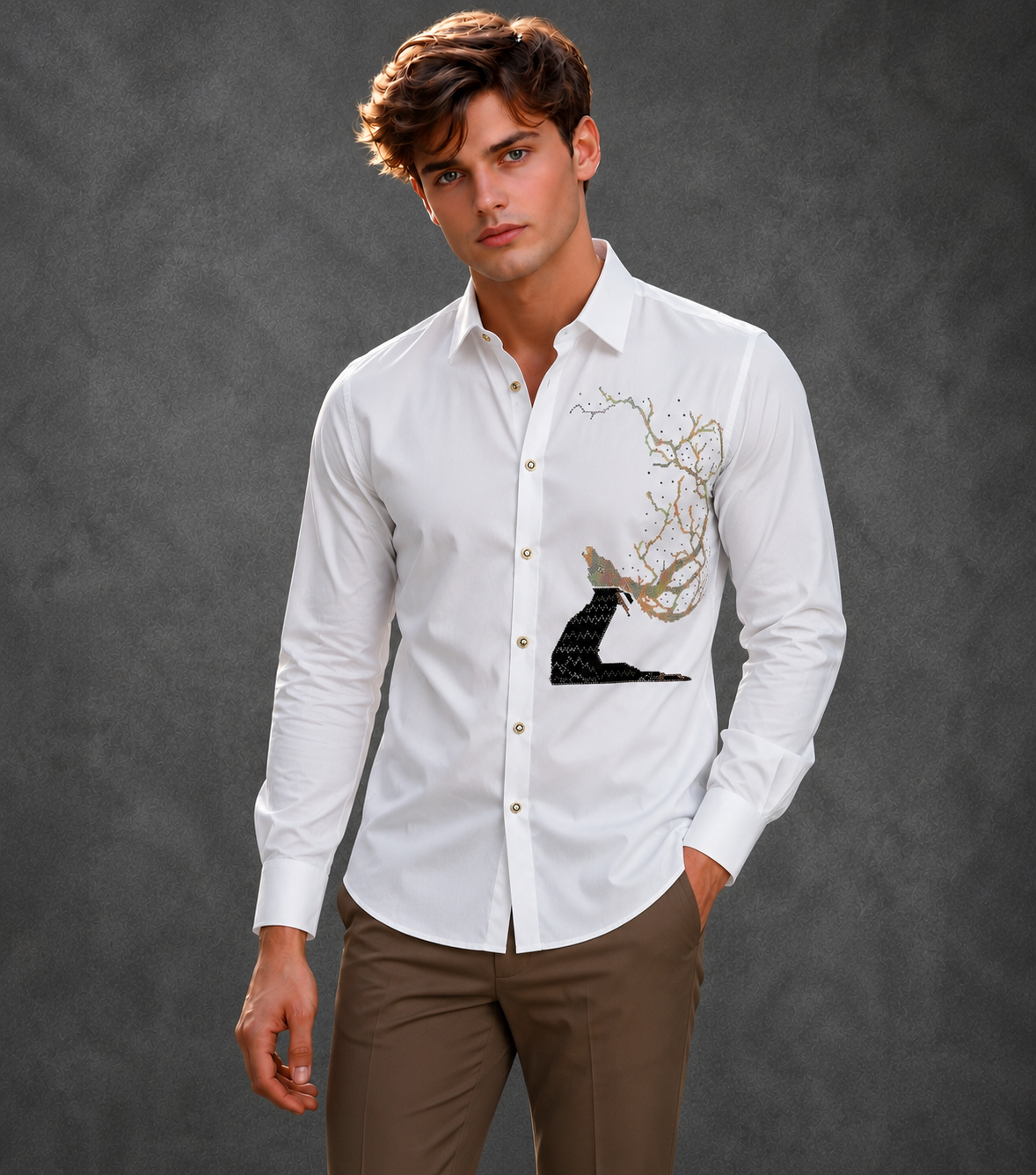 Lusso Milano Men's Regular-Fit White Long-Sleeve Rhinestone Wolf Shirt