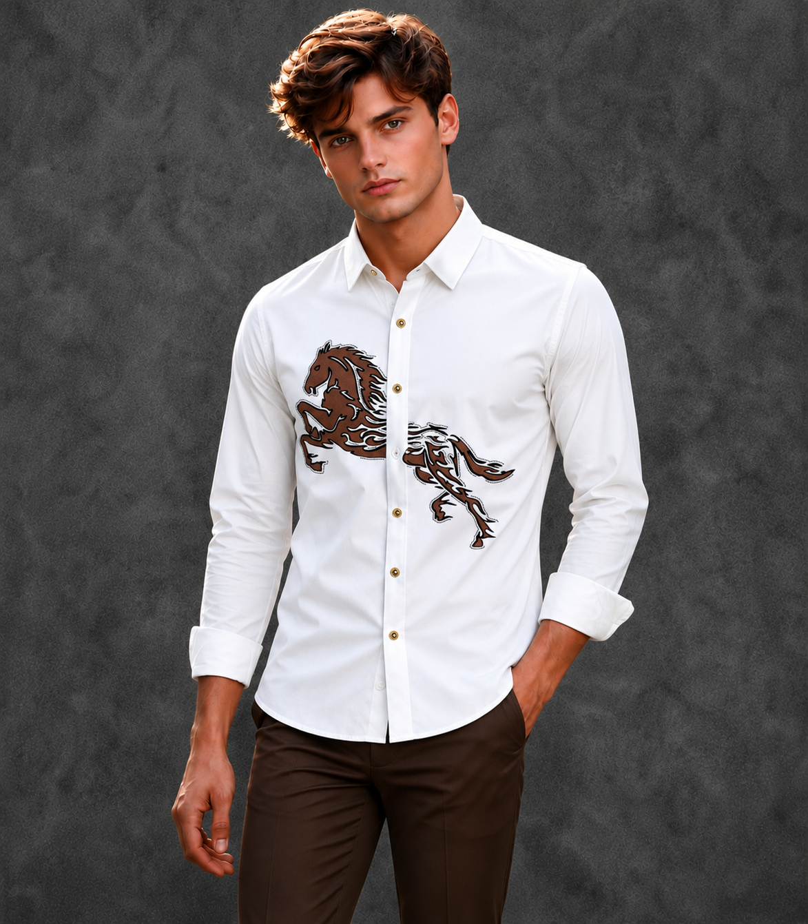 Lusso Milano Men's Regular-Fit White Long-Sleeve Rhinestone Horse Shirt
