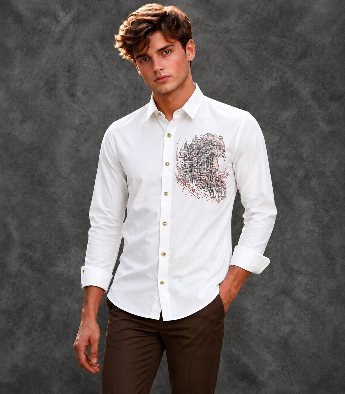 Lusso Milano Men's Regular-Fit White Long-Sleeve Rhinestone Rooster Shirt