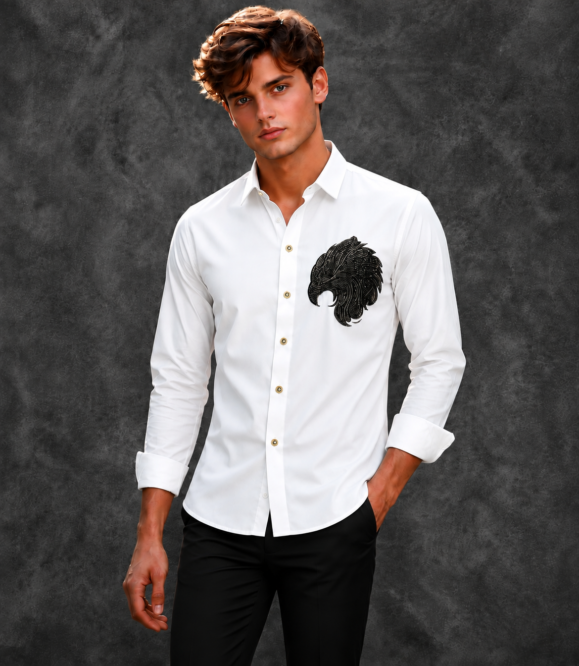 Lusso Milano Men's Regular-Fit White Long-Sleeve Rhinestone Eagle Shirt