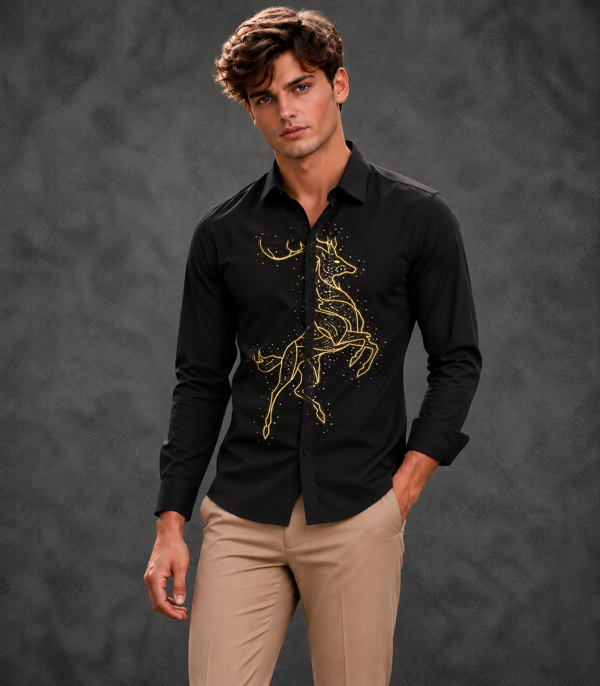 Lusso Milano Men's Regular-Fit Black Long-Sleeve Rhinestone Stag Shirt