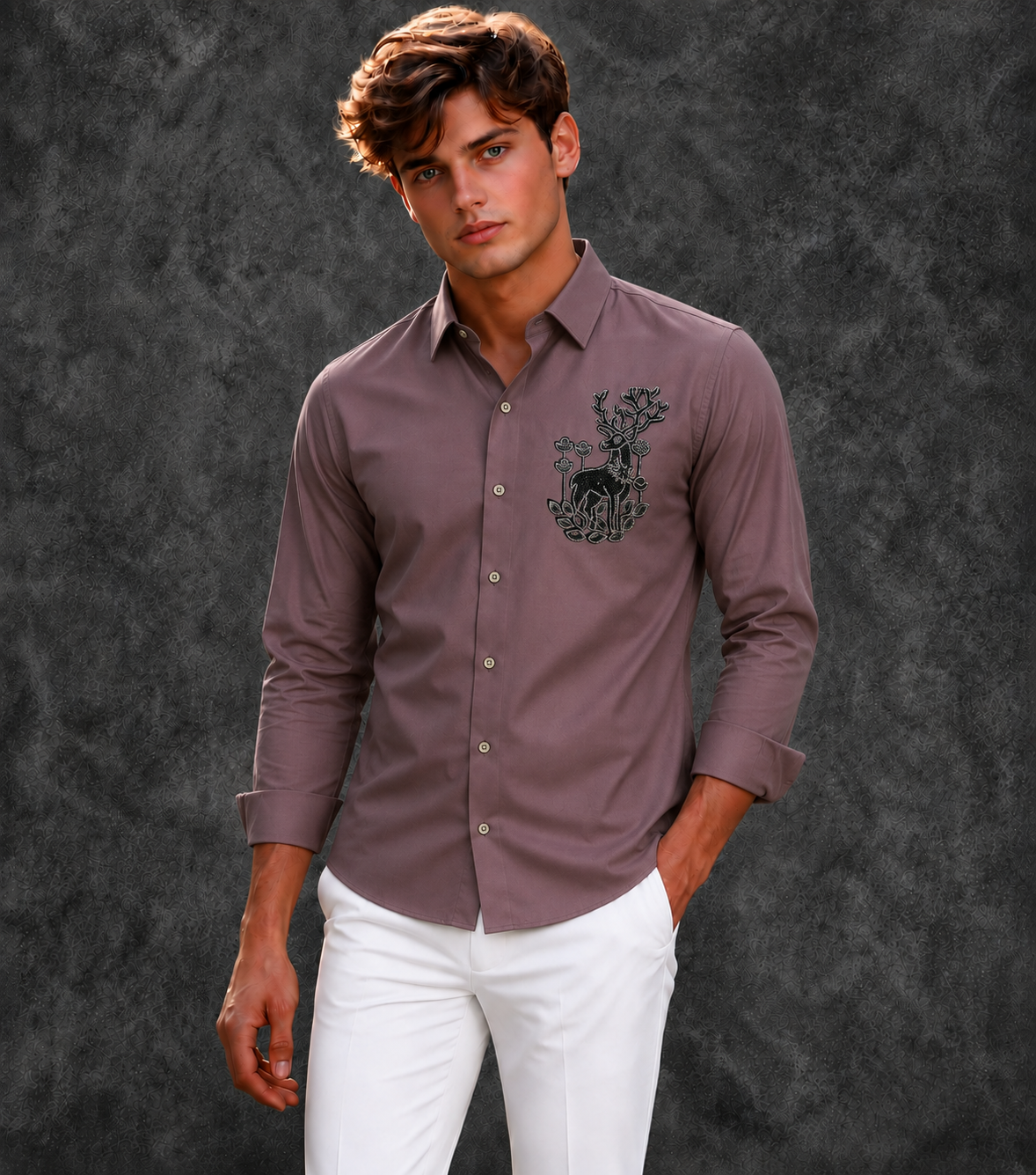 Lusso Milano Men's Regular-Fit Rose Pink Long-Sleeve Rhinestone Deer Shirt