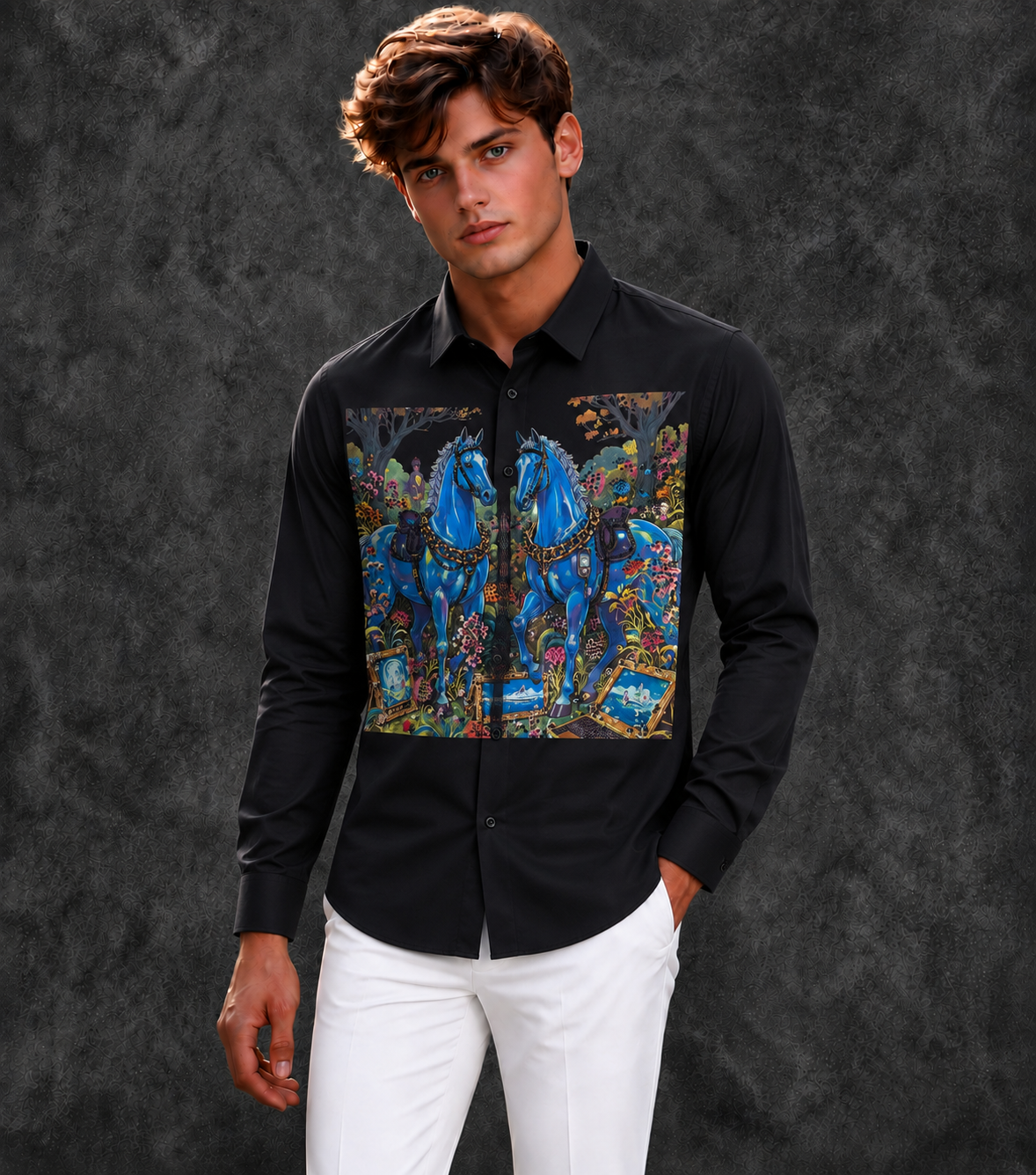 Lusso Milano Men's Regular-Fit Black Long-Sleeve Blue Horses Graphic Print Shirt