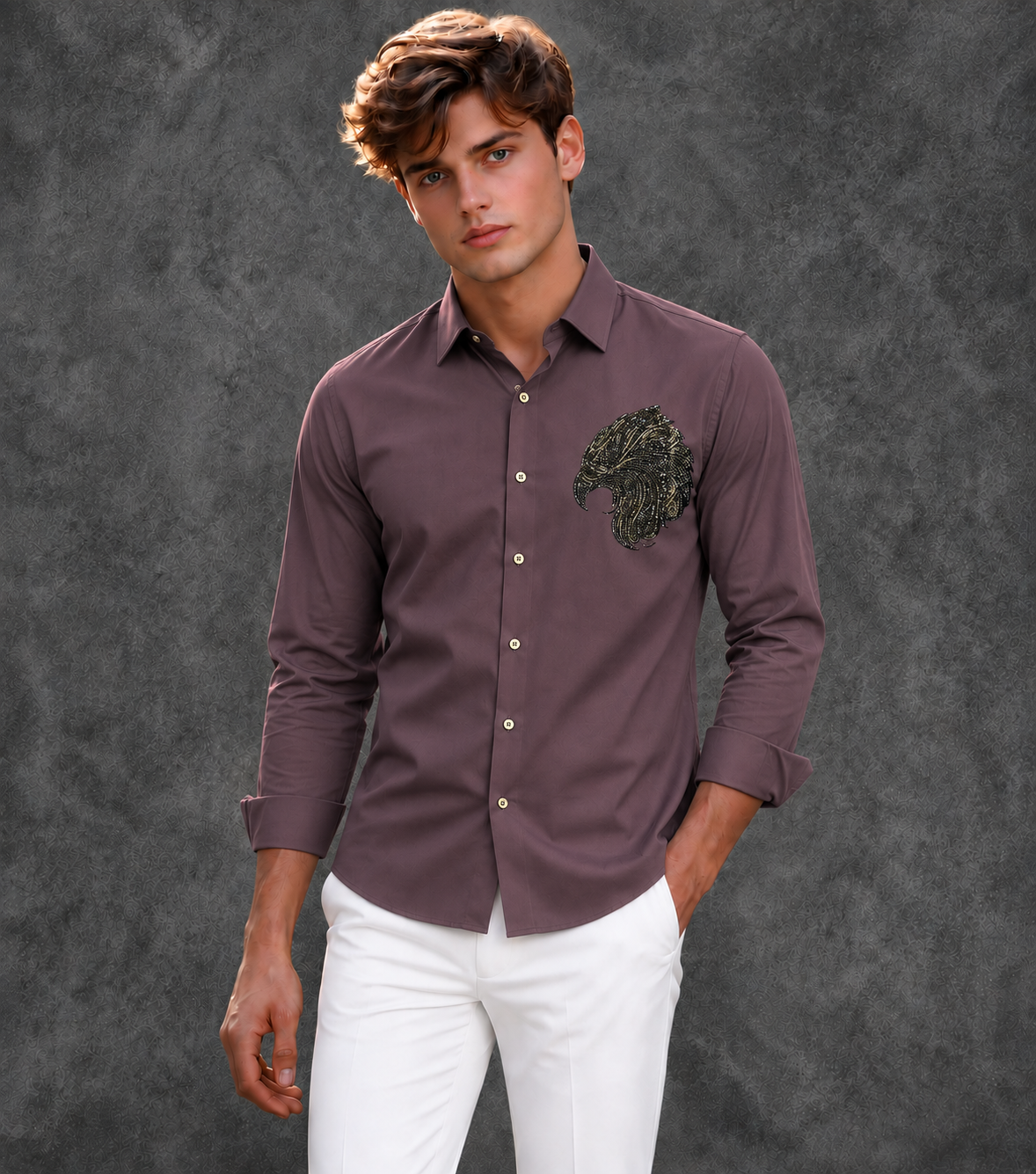 Lusso Milano Men's Regular-Fit Rose Pink Long-Sleeve Rhinestone Eagle Head Shirt