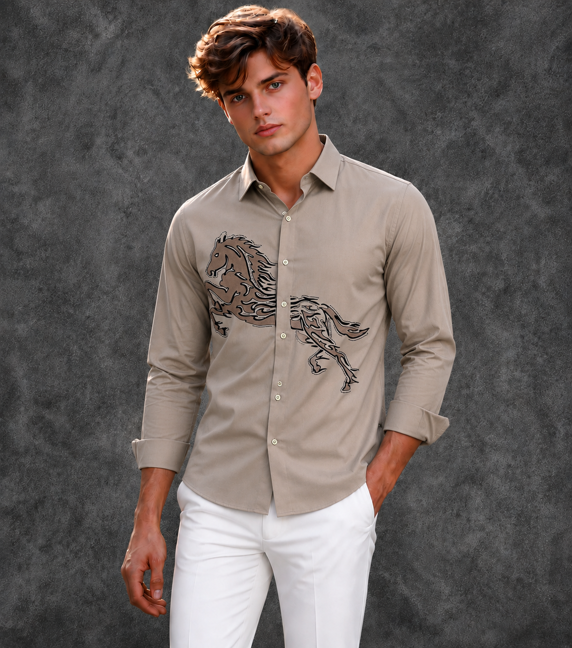 Lusso Milano Men's Regular-Fit Khaki Long-Sleeve Embroidered Horse Shirt