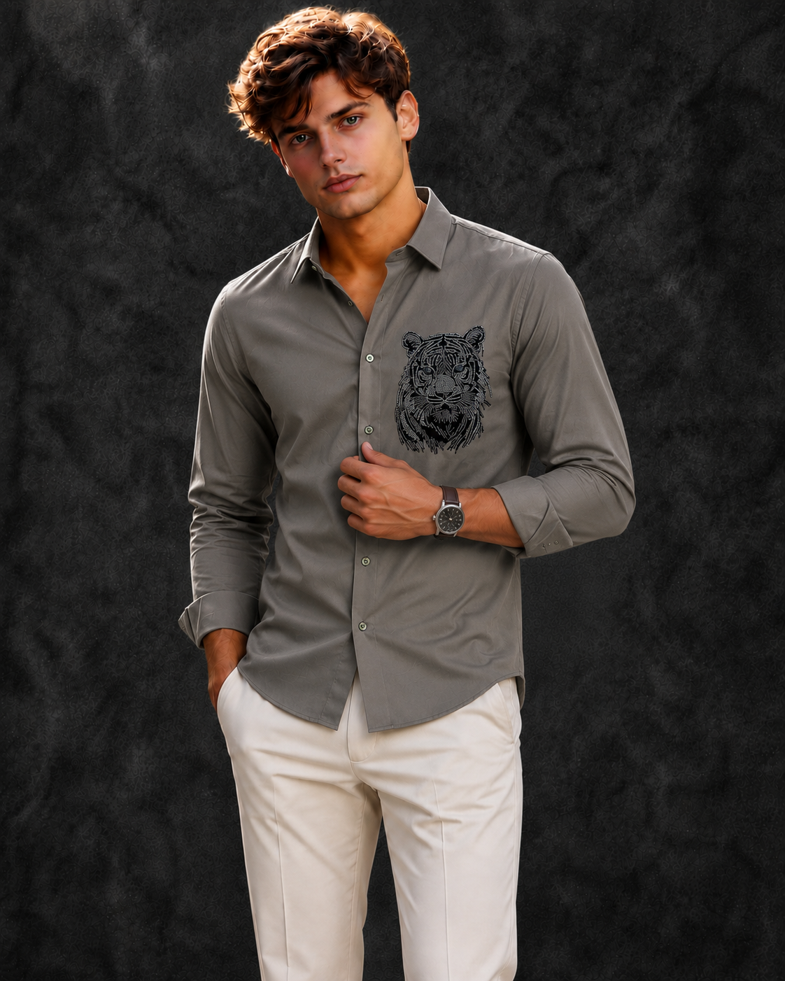 Lusso Milano Men's Regular-Fit Khaki Long-Sleeve Rhinestone Tiger Head Shirt